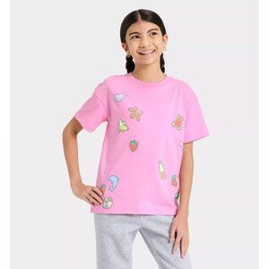 Cat & Jack Kids Pink Graphic T-Shirt XS (4/5) With Fun Glitter Accents Made With